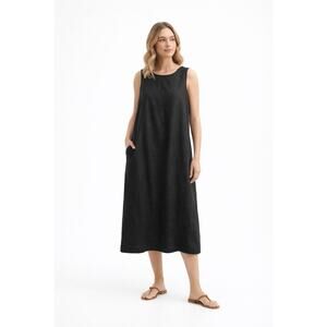 Eileen Fisher Organic Linen Scoop Neck Midi Dress Keyhole Back Black Large